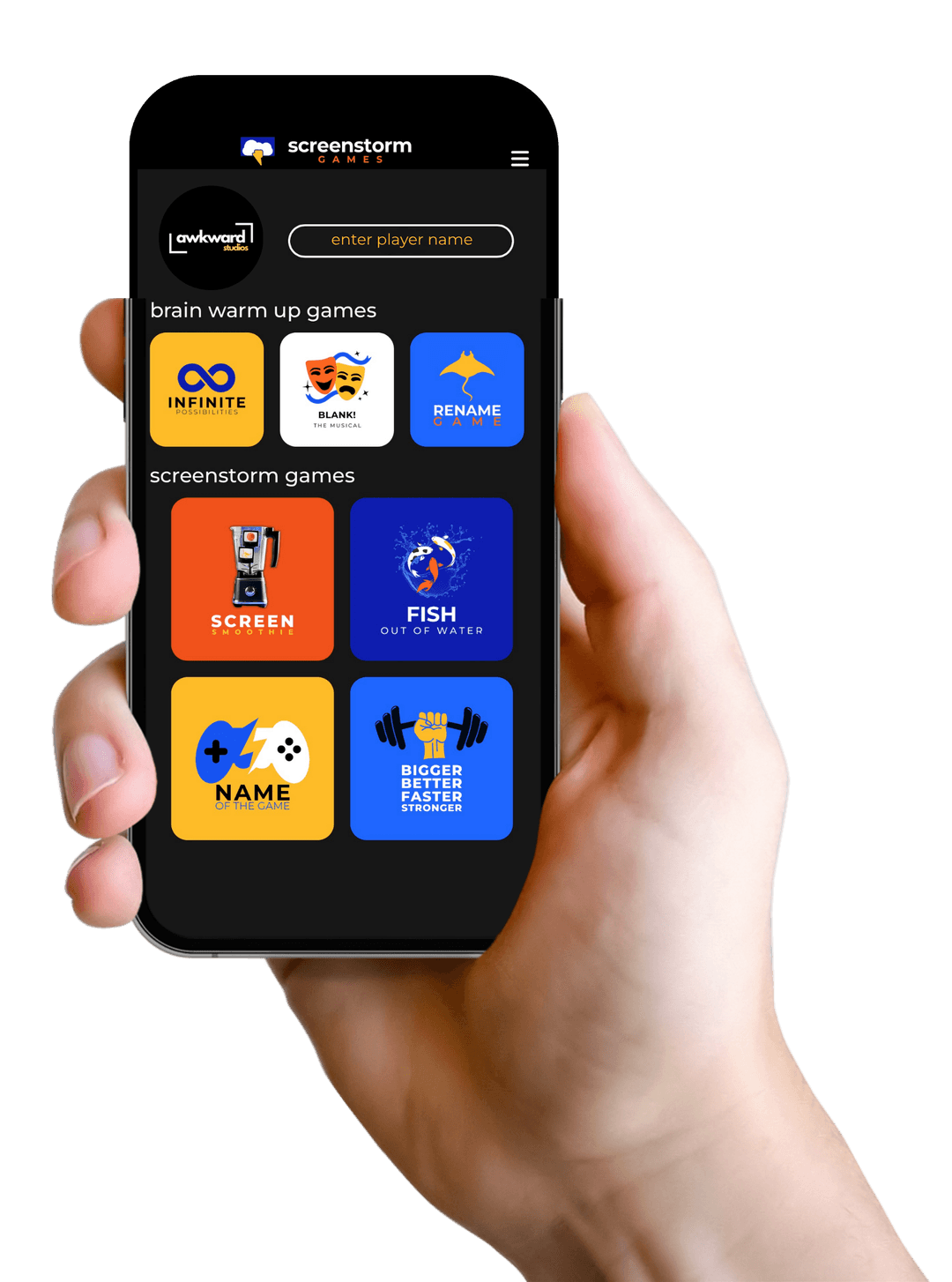 hand holding screenstorm games app